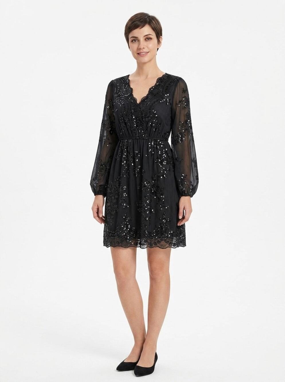 NWT JJ's House Sequin Floral V-Neck Long Sleeve Chiffon Dress Women Size M